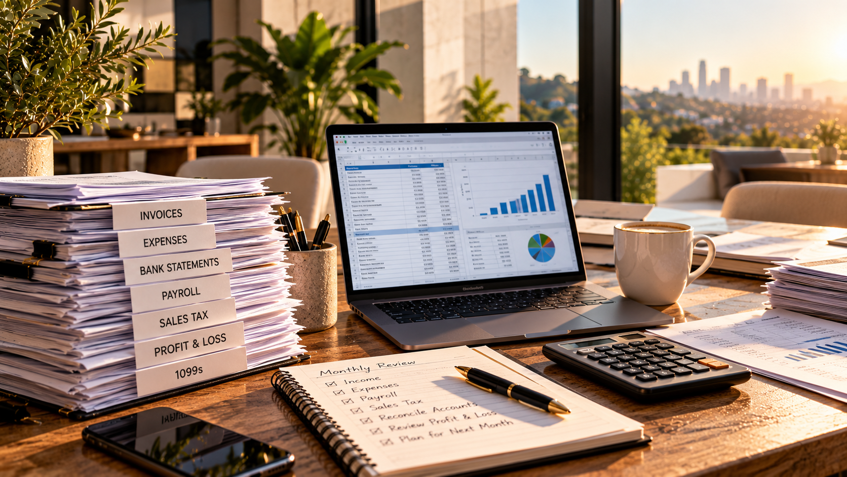 Home office desk with organized financial records, a laptop, and a monthly review notebook